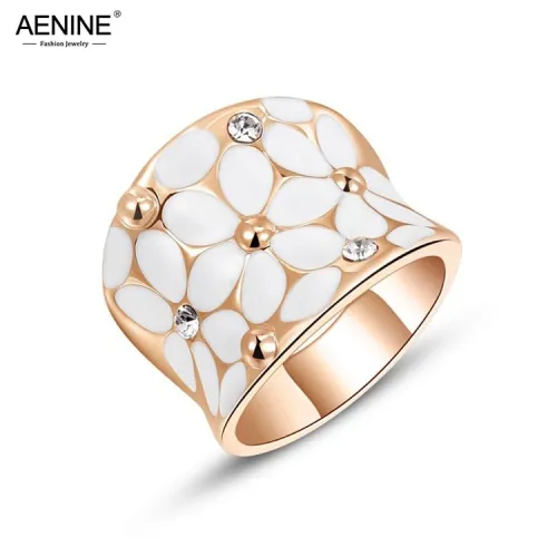 AENINE Rose Gold Color Flower Jewelry For Women Hochzeit Schmuck Rings+Earrings Enamel Jewelry Sets for Bridal L2010422325
