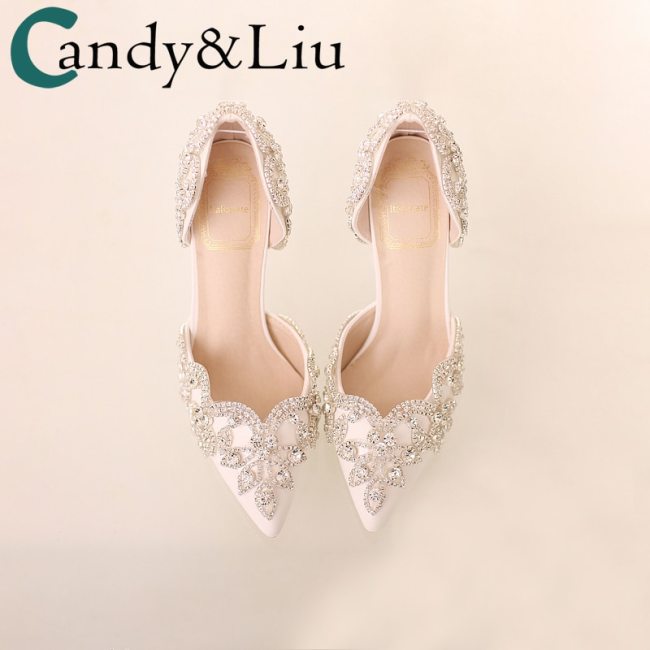 Bridal Shoes 2020 New White Crystal Shoes Crystal Thin Heeled High Heels Wedding Shoes Hollow Pointed Toe Women's Sandals Summer
