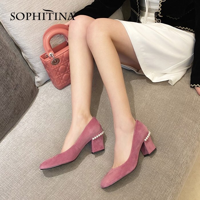 SOPHITINA Pumps Woman Pink Solid Shallow Genuine Sheep Sued Pointed Toe High Suqare Pearl String Bead Office Lady Shoe PO1002