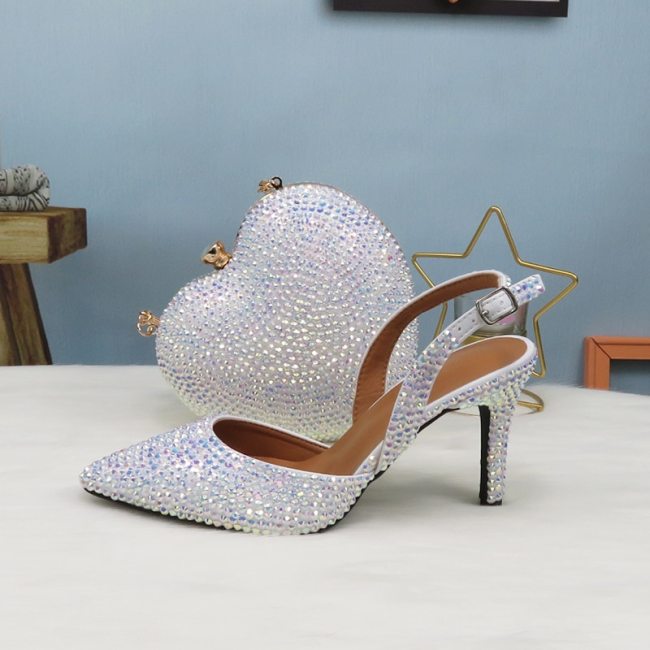 2020 New Arrival Heart  White AB Bling Pointed Toe Wedding Shoes and bag Woman High Pumps Thin Heel Party Dress Shoes Slingbacks