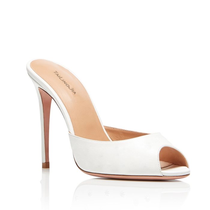 Elegant Women Heeled White Bridal Wedding Bride Shoes Black Summer Sandals Ladies Peep Toe High Heel Mules Stiletto Heels 2019