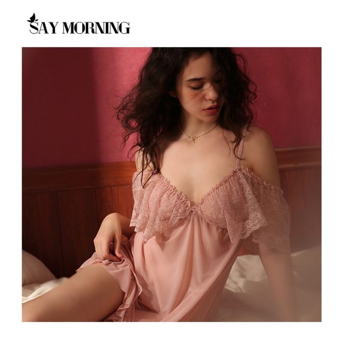 SAY MORNING Palace Style Sling Bud Silk Gauze Thin Large Size Perspective Sexy Lingerie Young Girl Nightdress Nightgown Suit