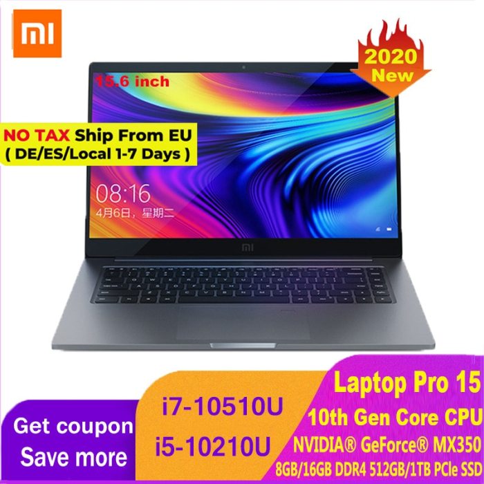 2020 Edition Xiaomi Laptop Pro 15.6 Inch  Mi Notebook MX350 Intel Core i7-10510U / i5-10210U 100% sRGB FHD Screen Computer