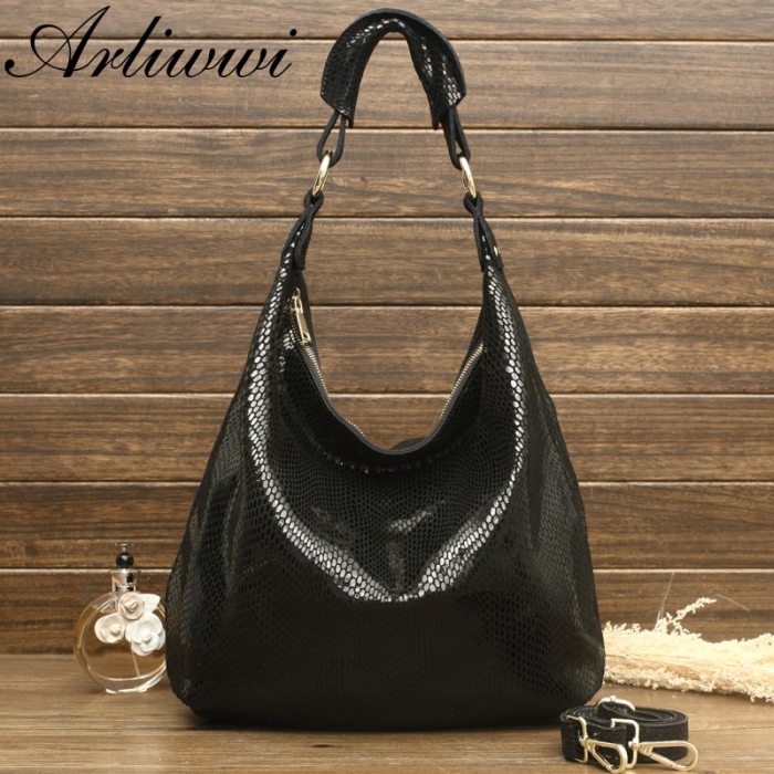 Arliwwi 100% Genuine Leather Shiny Serpentine Shoulder Bags Big Casual Soft Real Snake Embossed Skin Big Bag Handbags Women GB02