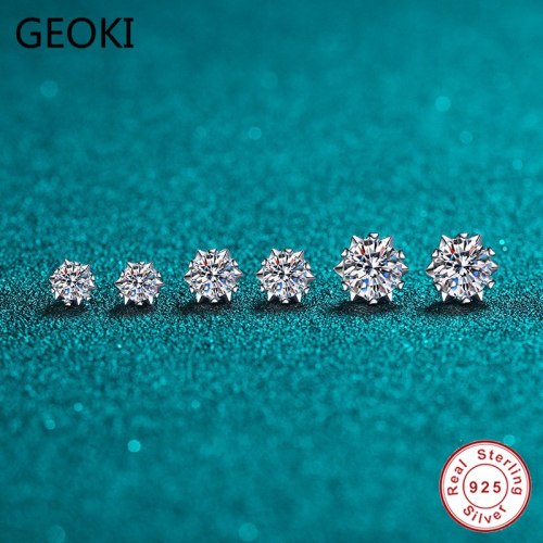 Geoki Passed Diamond Test Excellent Moissanite Snowflake Earrings 925 Sterling Silver Perfect Cut 0.5-1 ct Stone Stud Earrings