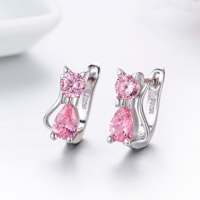 Cute Kitty Kitten Cat CZ 925 Sterling Silver Gatos Small Loop Huggies U Hoop Earrings For Kids Baby Girls Children Jewelry Aros