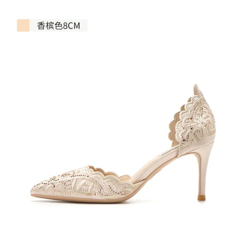 Wedding Shoes Women's 2020 New Bridal Shoes Champagne Can Usually Wear Hollow High Heels Thin Heeled Crystal Wedding Shoes