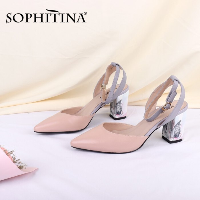 SOPHITINA Women's Pumps High Quality Sheepskin Fashion Printing Flower Square Heel Slingback Shoes Buckle New Elegant Pumps C645
