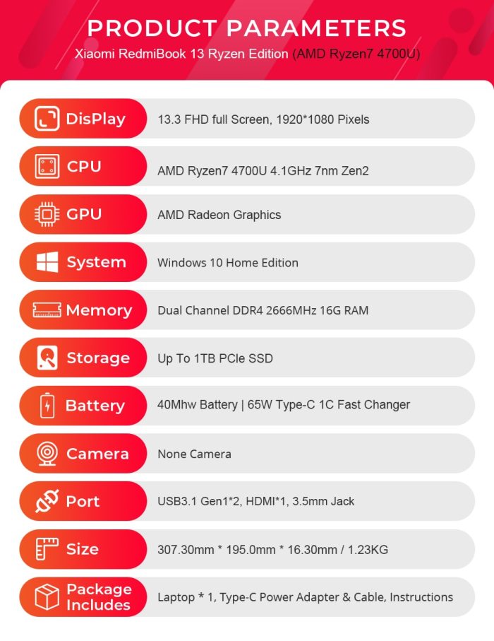 Xiaomi RedmiBook 13 Laptop Ryzen Edition Notebook AMD Ryzen 4700U/4500U 13.3 Inch Display 512GB/1T SSD Windows 10 Computer