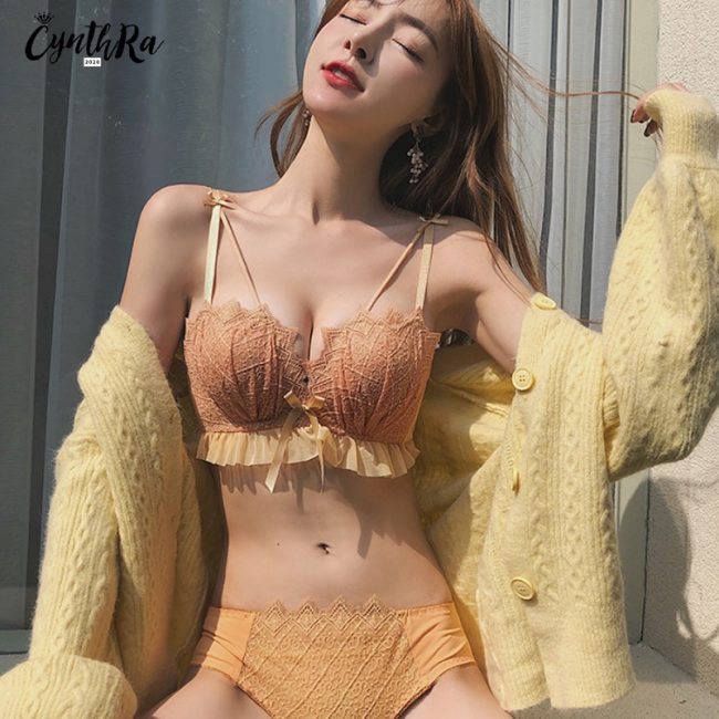 CYNTHRA Bras Set Women's Autumn Sexy Lace Gathered Adjustable Soft Breathable Wireless Seamless Comfort Lingerie Set For Ladies