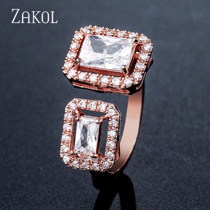 ZAKOL Fashion Dubai Jewelry Luxury Square Cubic Zirconia Open Rings for Women Bridal Wedding Brincos Para As Mulheres FSRP2141