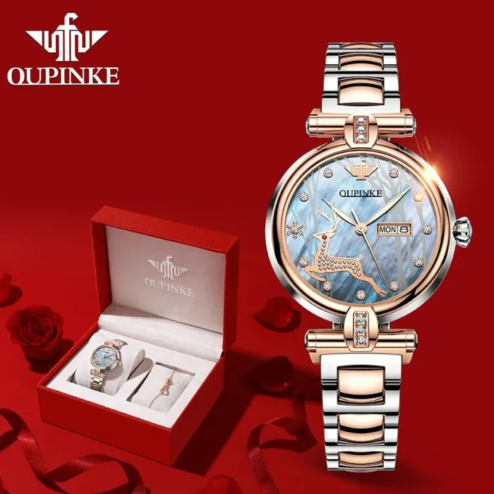 OUPINKE Automatic watches for Women Classic 3D deer luxury Mechanical Sapphire Crystal Rose Gold ladies watch Montre femme 3180