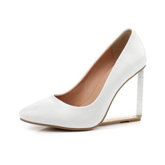 Brand New Genuine Leather Shoes Women High Heels Fashion Transparent Heel Wedge Shoes Women Pumps Pointed Toe Elegant Shoes