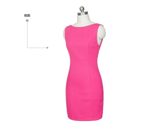 Slim bag hip rose red imitation cotton and linen dress women