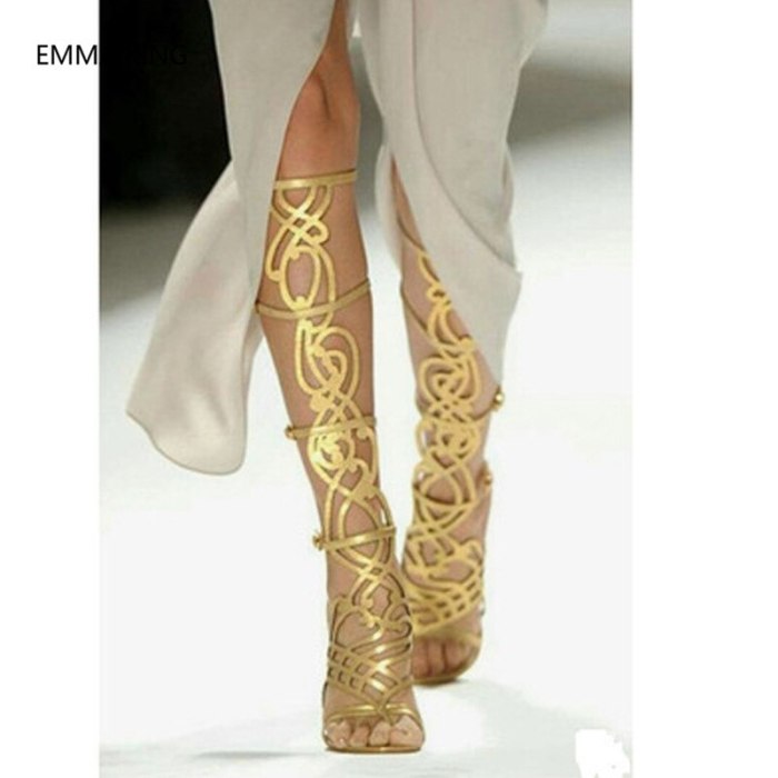 Summer Gold Women Knee High Gladiator Sandals Runway Ladies Shoes Open Toe Cut-Out Sexy Thin High Heels Roman Style Woman Boots