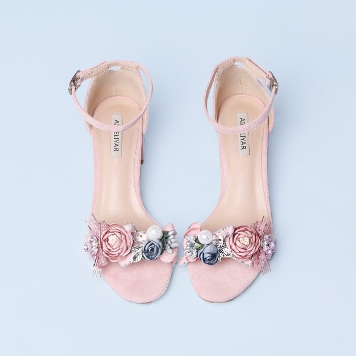 Pink Suede Hallow A-line with WOMEN'S Sandals Series Flower Sweet Age Ceremony Chunky-Heel Bridesmaid Shoes Low Heel Students