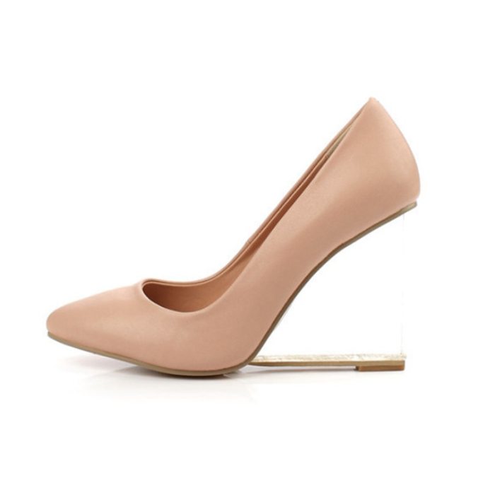 Brand New Genuine Leather Shoes Women High Heels Fashion Transparent Heel Wedge Shoes Women Pumps Pointed Toe Elegant Shoes