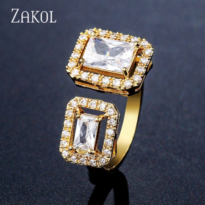 ZAKOL Fashion Dubai Jewelry Luxury Square Cubic Zirconia Open Rings for Women Bridal Wedding Brincos Para As Mulheres FSRP2141