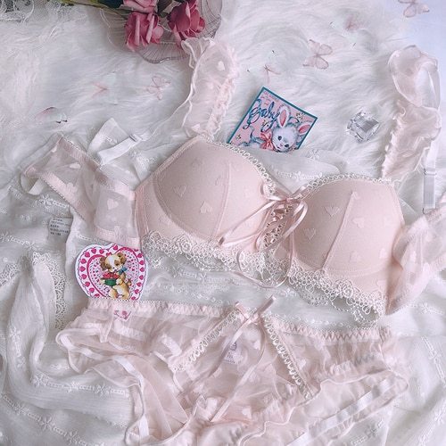 Japanese Sexy Bandage Bra Brief Set Underwear Women Lolita Seamless Bra Panties Clothes Kawaii Lingerie Femme Blue Pink 2021 New
