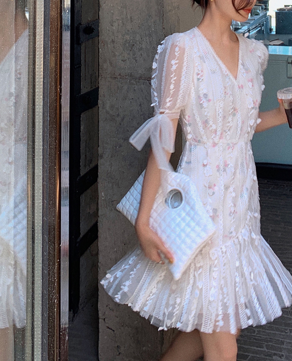 CARIEDO summer new style temperament goddess fan white lace dress