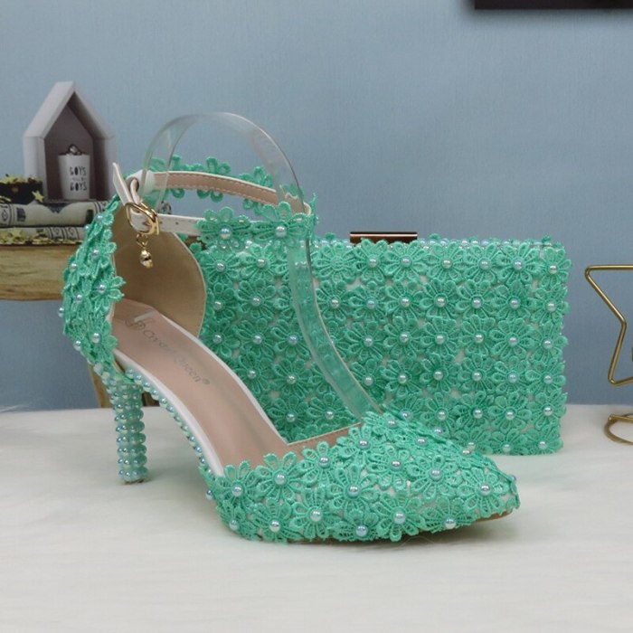White Lace Flower wedding shoes with matching bags High heels Pointed Toe Ankle Strap Ladies Party shoe and bag set Pearl Shoe