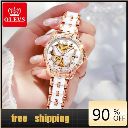Olevs women's automatic mechanical Waterproof watch Swiss top brand luxury Diamond inlaid rose gold ceramic watch women's gift