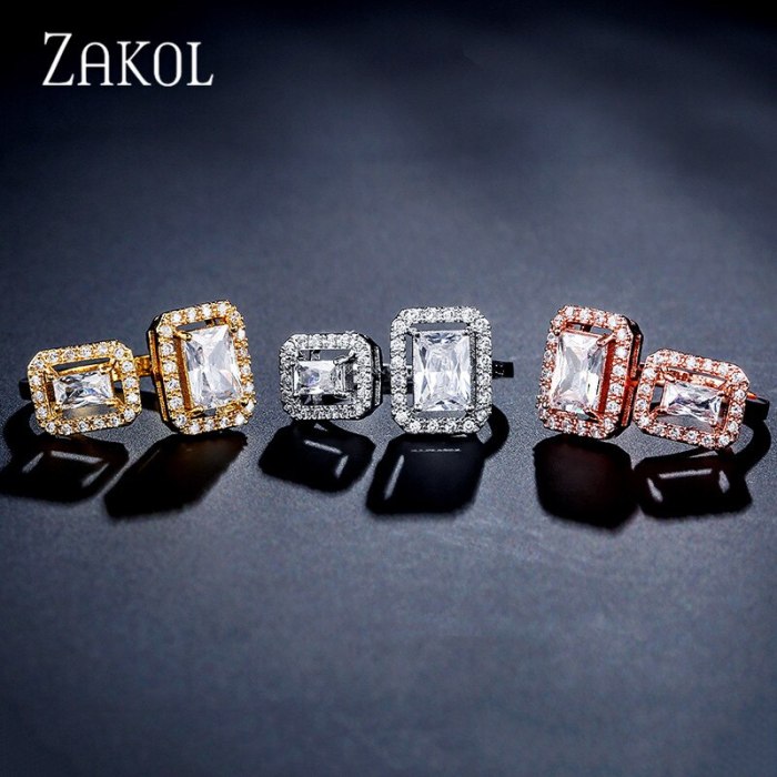 ZAKOL Fashion Dubai Jewelry Luxury Square Cubic Zirconia Open Rings for Women Bridal Wedding Brincos Para As Mulheres FSRP2141