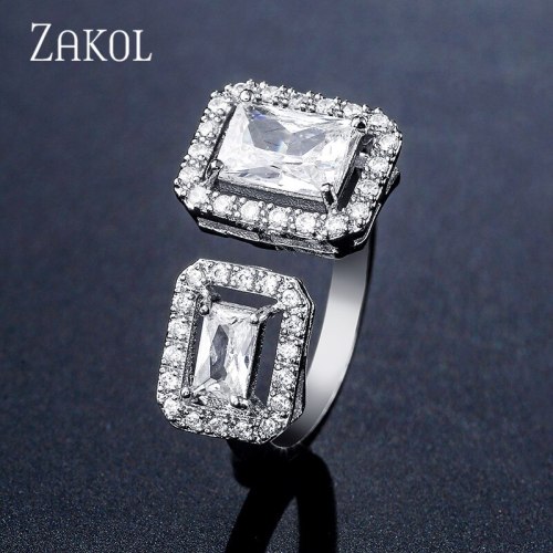 ZAKOL Fashion Dubai Jewelry Luxury Square Cubic Zirconia Open Rings for Women Bridal Wedding Brincos Para As Mulheres FSRP2141