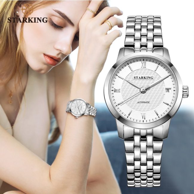 STARKING Relogio Feminino Automatic Women Watches Top Brand Luxury Ladies Watch Auto Date Mechanical Female Dress Watches White