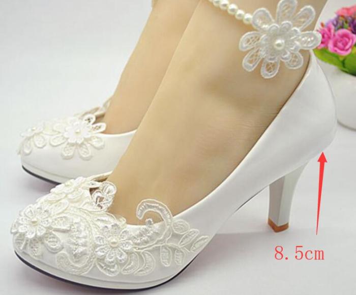 Ivory lace wedding shoes woman ankle beaded anklet lace flowers brides bridal wedding pumps plus size low high heel made