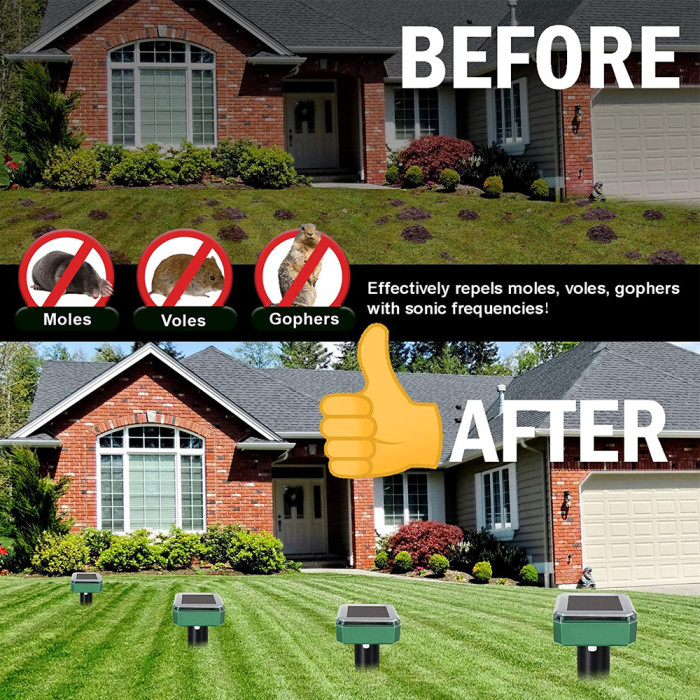 Solar Mole Repellent Ultrasonic 2 Pack Outdoor Powered Sonic Deterrent - Outdoor Waterproof Ultrasonic Snake Repellent for Get Rid of Mole, Gopher, Snakes, Vole and Other Underground Pest Control