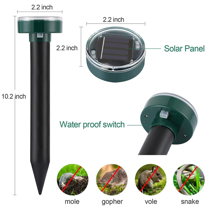 (2 Pack) Gopher Repellent Ultrasonic Solar Powered - Easy to Use Solar Mole Repellent Ultrasonic with an Auger Drill Bit - IP65 Waterproof Sonic Repeller Stakes for Groundhog, Vole, Snake, etc