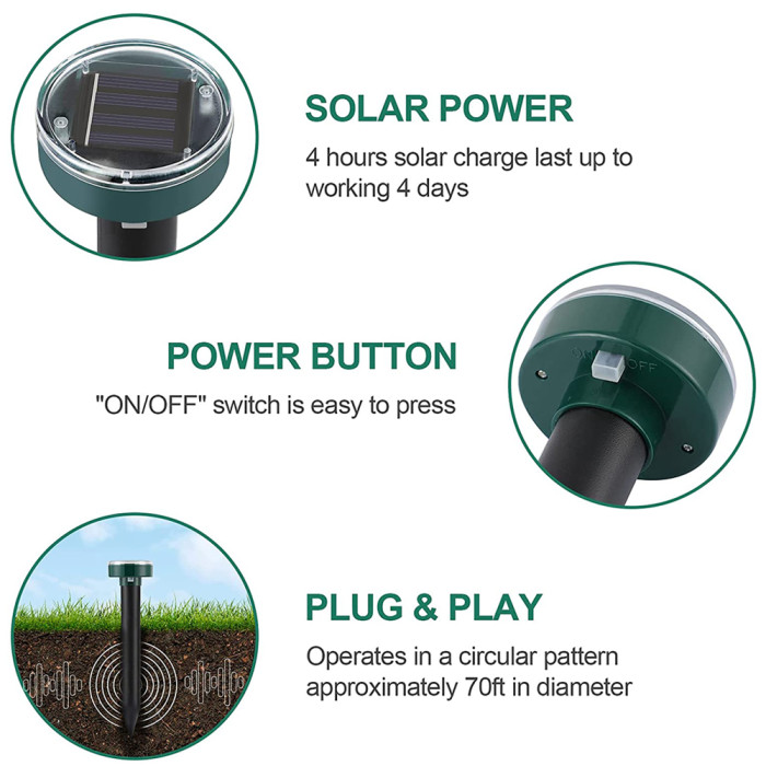 (2 Pack) Gopher Repellent Ultrasonic Solar Powered - Easy to Use Solar Mole Repellent Ultrasonic with an Auger Drill Bit - IP65 Waterproof Sonic Repeller Stakes for Groundhog, Vole, Snake, etc