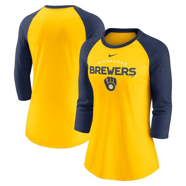 Milwaukee Brewers Nike Women's Modern Baseball Arch Tri-Blend Raglan Three-Quarter Sleeve T-Shirt - Gold/Navy