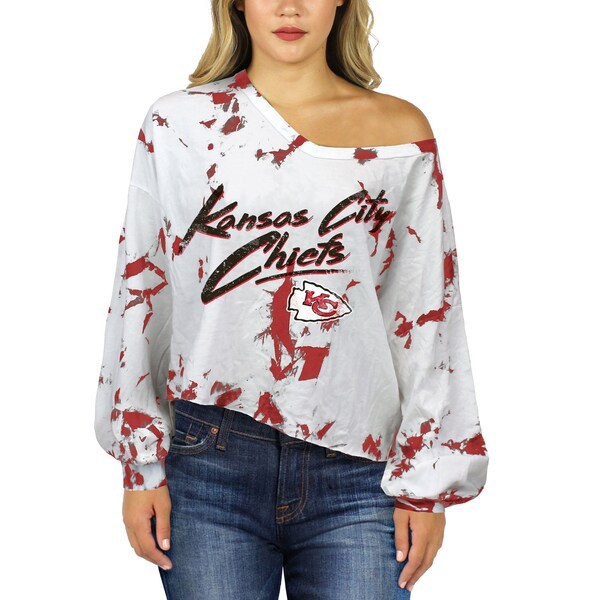 Patrick Mahomes Kansas City Chiefs Majestic Threads Women's Off-Shoulder Tie-Dye Name & Number Long Sleeve V-Neck T-Shirt - White/Red