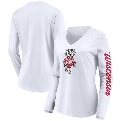 Wisconsin Badgers Fanatics Branded Women's Logo and Script 2-Hit Long Sleeve V-Neck T-Shirt - White