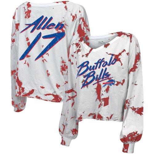 Josh Allen Buffalo Bills Majestic Threads Women's Off-Shoulder Tie-Dye Name & Number Long Sleeve V-Neck T-Shirt - White/Red