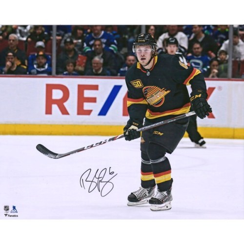 Brock Boeser Vancouver Canucks Fanatics Authentic Autographed 16" x 20" Black Jersey Skating Photograph