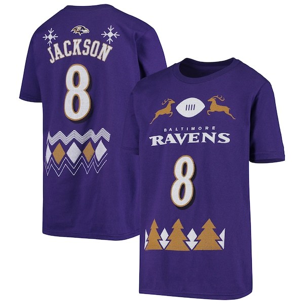 Lamar Jackson Baltimore Ravens Youth Holiday Name & Number T-Shirt - Purple