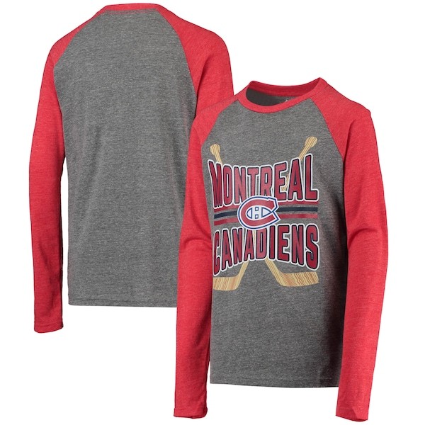 Montreal Canadiens Youth Square Up Raglan Tri-Blend Long Sleeve T-Shirt - Heathered Gray/Heathered Red