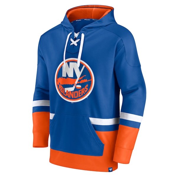 Mathew Barzal New York Islanders Fanatics Branded Player Lace-Up V-Neck Pullover Hoodie - Royal/Orange