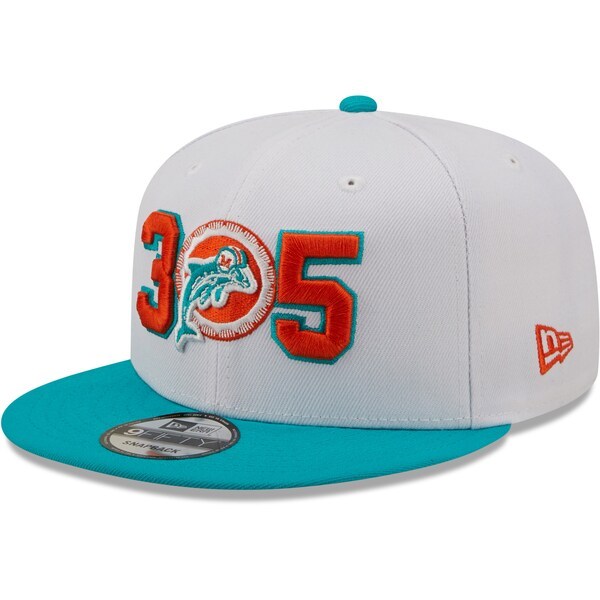 Miami Dolphins New Era Historic Logo Three Zero Five 9FIFTY Snapback Hat - White/Aqua