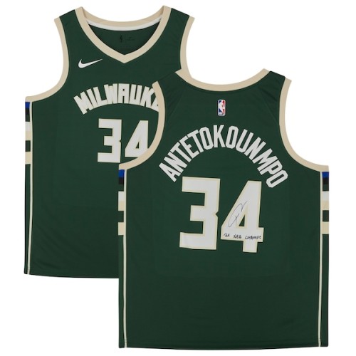 Giannis Antetokounmpo Milwaukee Bucks Fanatics Authentic Autographed Hunter Green Nike Swingman Jersey with "21 NBA Champs" Inscription