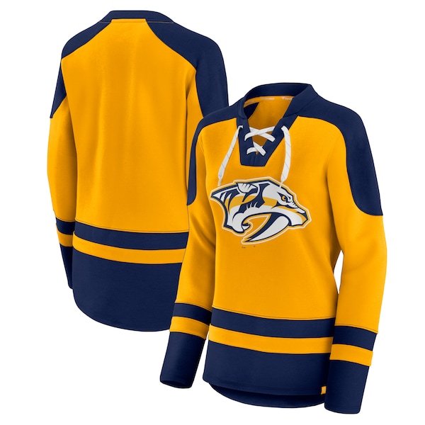 Nashville Predators Fanatics Branded Women's Net Gain Fleece V-Neck Pullover Sweatshirt - Gold/Navy