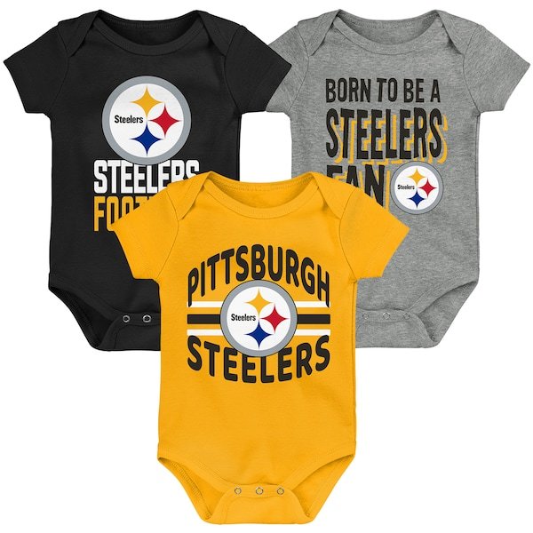 Pittsburgh Steelers Newborn & Infant 3rd Down & Goal Three-Piece Bodysuit Set - Black/Gold/Heathered Gray