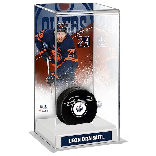 Leon Draisaitl Edmonton Oilers Fanatics Authentic Autographed Puck with Navy Alternate Jersey Deluxe Tall Hockey Puck Display Case