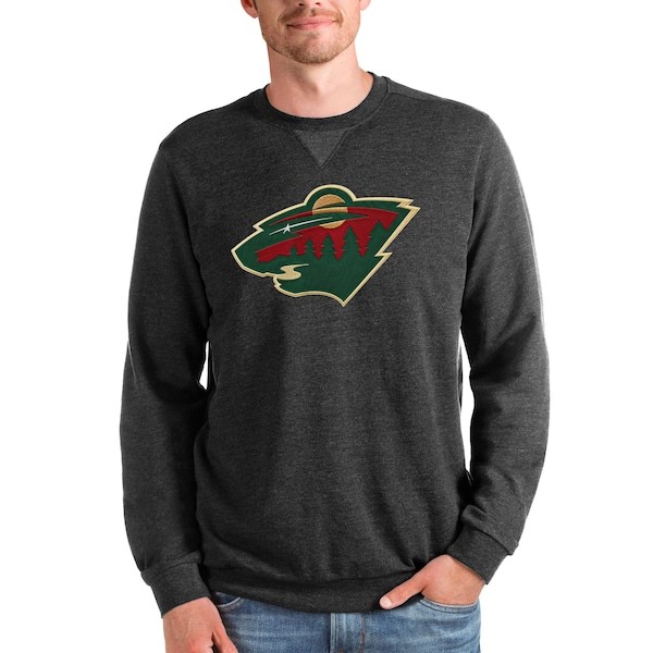 Minnesota Wild Antigua Team Logo Reward Crewneck Pullover Sweatshirt - Heathered Black