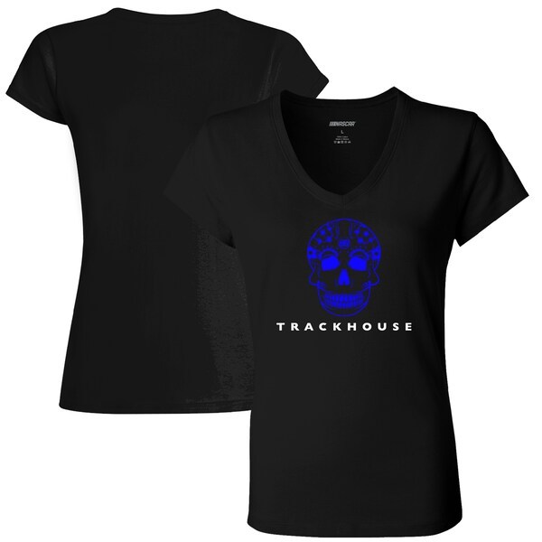 TRACKHOUSE RACING Checkered Flag Women's Skull Graphic V-Neck T-Shirt - Black