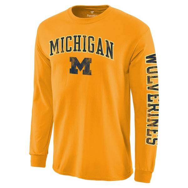 Michigan Wolverines Fanatics Branded Distressed Arch Over Logo Long Sleeve Hit T-Shirt - Maize