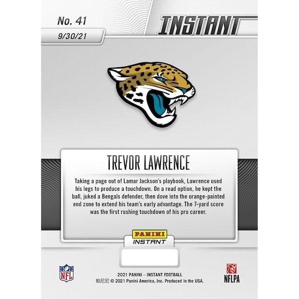 Trevor Lawrence Jacksonville Jaguars Fanatics Exclusive Parallel Panini Instant 1st Rushing Touchdown Single Rookie Trading Card - Limited Edition of 99